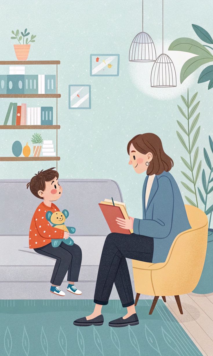 Ilustración de sesión terapéutica con una niña o niño pequeño junto a la psicóloga.
